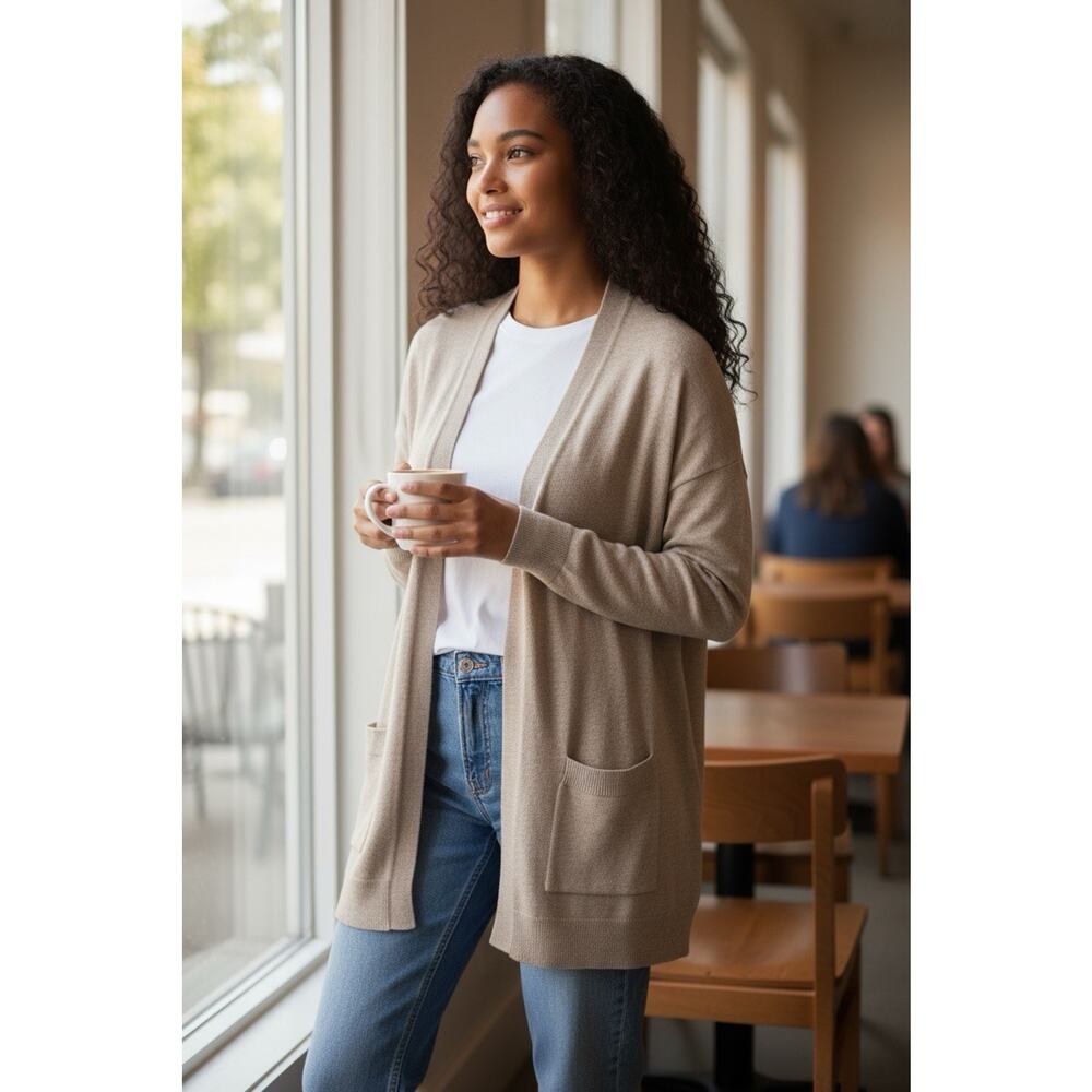 CASHMERE Blend Cardigan Long Sleeve Tan Size M Lightweight Soft Beige